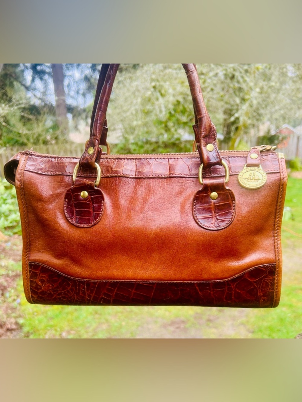 Brahmin vintage brown leather croc embossed bag with brass hangtag charm